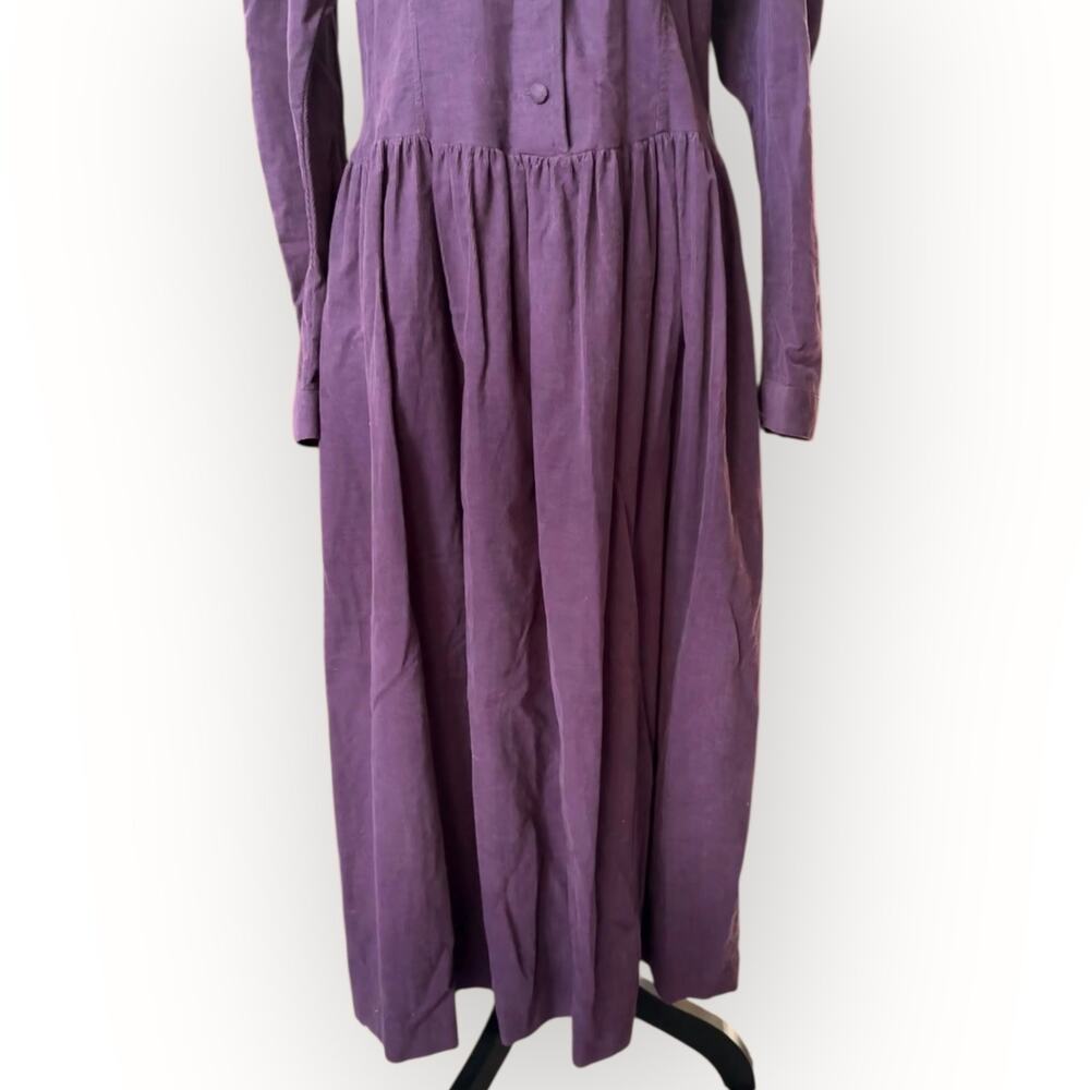 Laura Ashley Vintage 80s Deep Purple Corduroy Button Front Midi Dress Size 12 - Picture 7 of 16